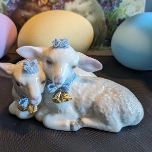 Vtg Easter Irish Dresden Spring Lambs With Famous Blue Lace And Gold Bells